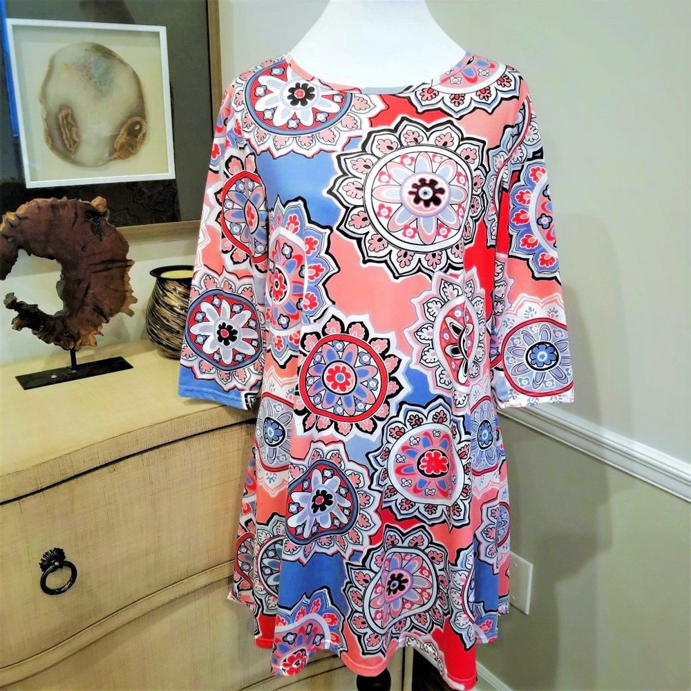 Dress. Coral, Peach, Periwinkle, White, Mandala Print. Size Medium. - Picture 3 of 10